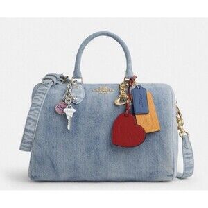 NWT Coach Rowan Large Satchel Bag In Loved Faded Denim With Heart Charms CDY75
